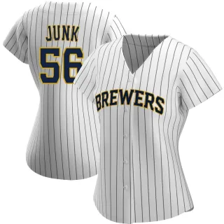 Women's Replica White/Navy Janson Junk Milwaukee Brewers Alternate Jersey